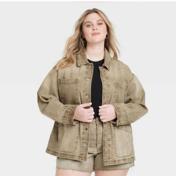 NWT Universal Thread Women's Barrel Chore Denim Jacket Green Silver Snaps 4X - Picture 1 of 11